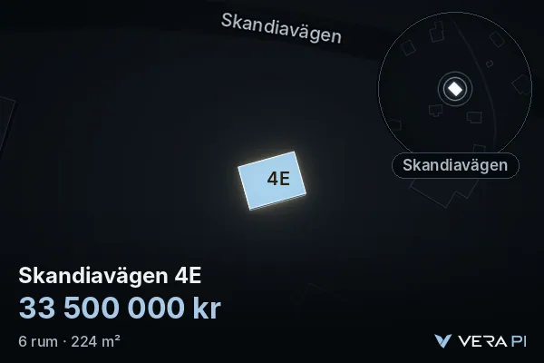VERA PI:s bild av Skandiavägen 4E: huset i 3D, upplyst i blått, och kartan runt omkring