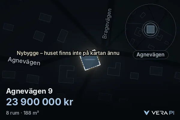 VERA PI's image of Agnevägen 9: the building in 3D, lit in blue, and the map around it