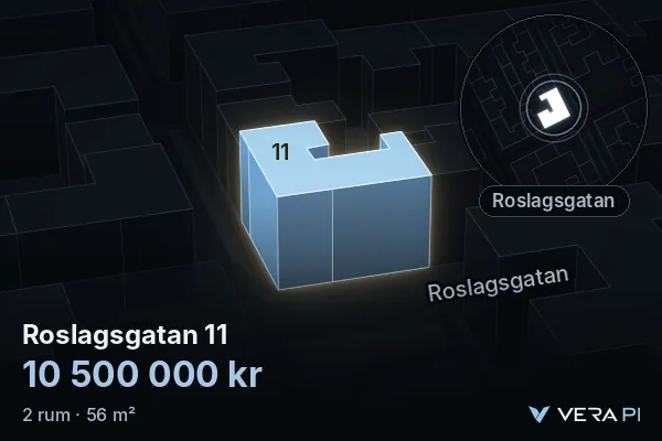 VERA PI:s bild av Roslagsgatan 11: huset i 3D, upplyst i blått, och kartan runt omkring