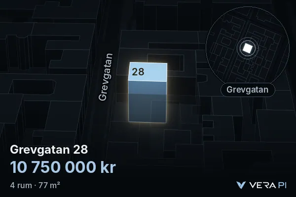 VERA PI:s bild av Grevgatan 28: huset i 3D, upplyst i blått, och kartan runt omkring