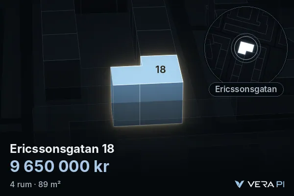 VERA PI:s bild av Ericssonsgatan 18: huset i 3D, upplyst i blått, och kartan runt omkring