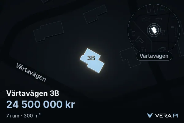 VERA PI:s bild av Värtavägen 3B: huset i 3D, upplyst i blått, och kartan runt omkring
