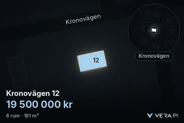 VERA PI's image of Kronovägen 12: the building in 3D, lit in blue, and the map around it