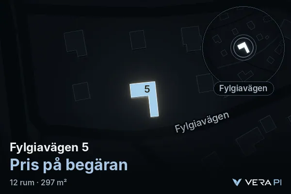 VERA PI's image of Fylgiavägen 5: the building in 3D, lit in blue, and the map around it