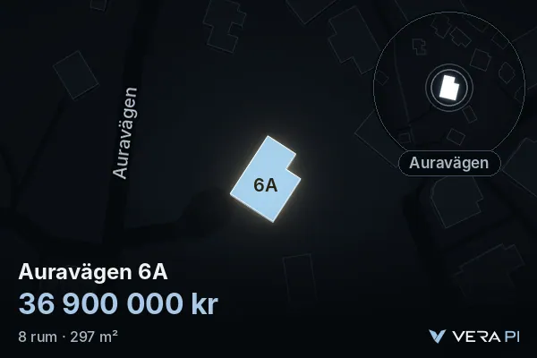 VERA PI's image of Auravägen 6A: the building in 3D, lit in blue, and the map around it