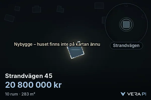 VERA PI's image of Strandvägen 45: the building in 3D, lit in blue, and the map around it