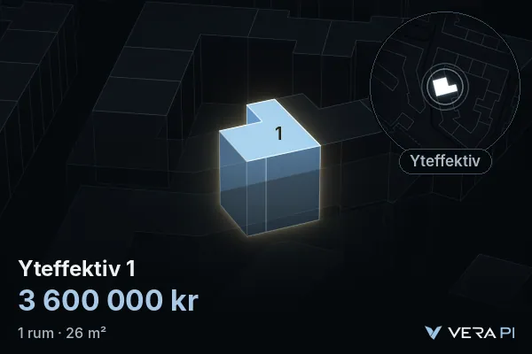 VERA PI's image of Yteffektiv 1: the building in 3D, lit in blue, and the map around it