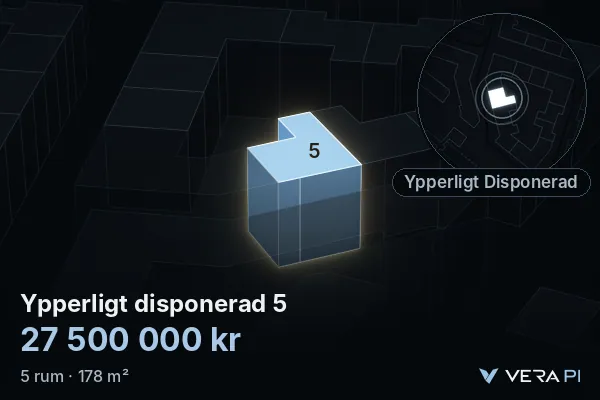 VERA PI's image of Ypperligt disponerad 5: the building in 3D, lit in blue, and the map around it