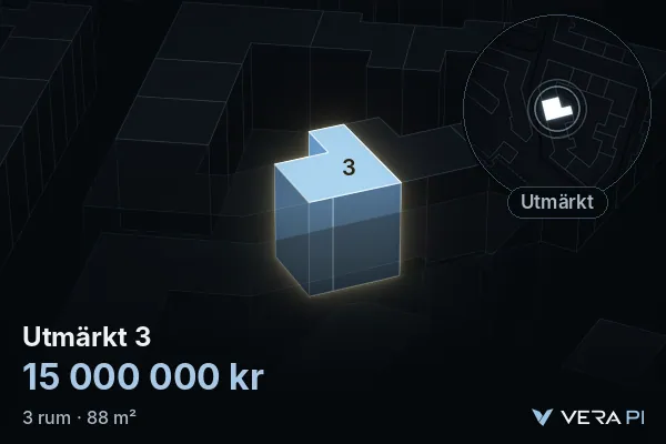 VERA PI's image of Utmärkt 3: the building in 3D, lit in blue, and the map around it