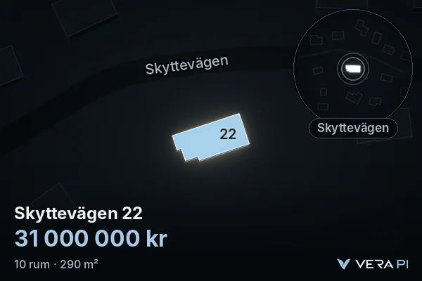 VERA PI's image of Skyttevägen 22: the building in 3D, lit in blue, and the map around it