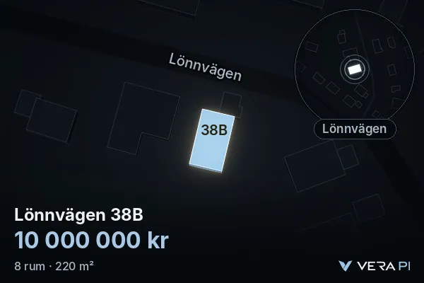 VERA PI's image of Lönnvägen 38B: the building in 3D, lit in blue, and the map around it