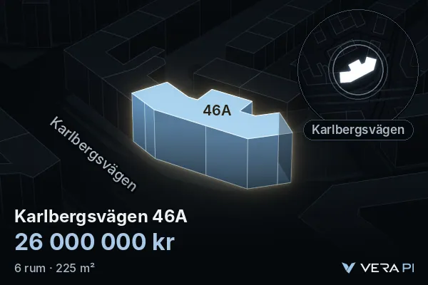 VERA PI:s bild av Karlbergsvägen 46A: huset i 3D, upplyst i blått, och kartan runt omkring