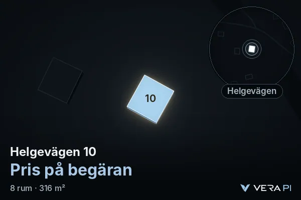 VERA PI's image of Helgevägen 10: the building in 3D, lit in blue, and the map around it