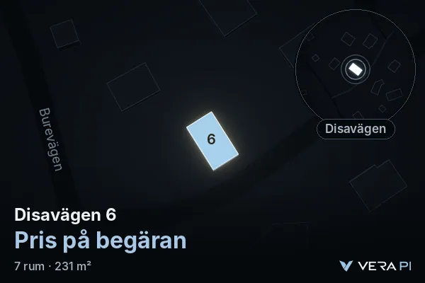 VERA PI's image of Disavägen 6: the building in 3D, lit in blue, and the map around it