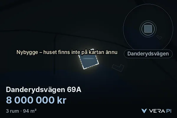 VERA PI's image of Danderydsvägen 69A: the building in 3D, lit in blue, and the map around it
