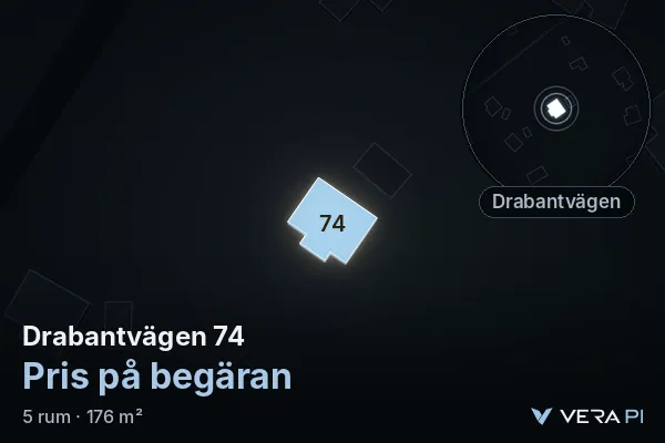 VERA PI:s bild av Drabantvägen 74: huset i 3D, upplyst i blått, och kartan runt omkring