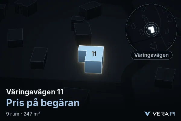 VERA PI's image of Väringavägen 11: the building in 3D, lit in blue, and the map around it