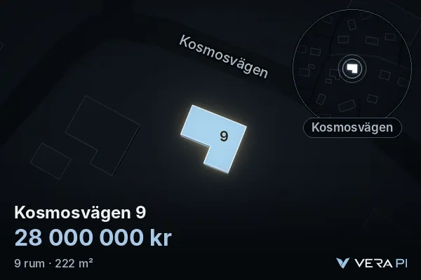 VERA PI's image of Kosmosvägen 9: the building in 3D, lit in blue, and the map around it