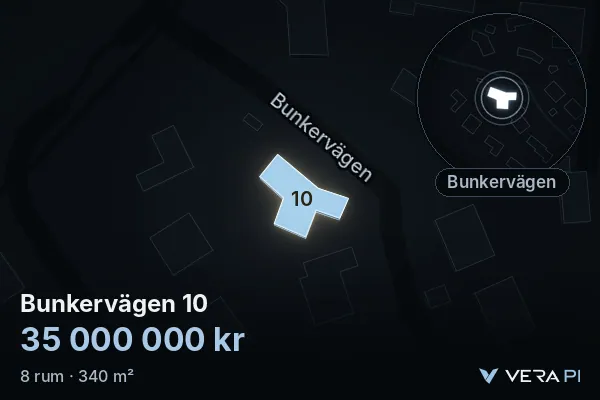 VERA PI's image of Bunkervägen 10: the building in 3D, lit in blue, and the map around it