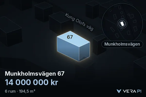 VERA PI's image of Munkholmsvägen 67: the building in 3D, lit in blue, and the map around it