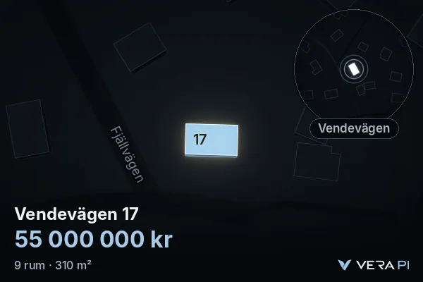 VERA PI's image of Vendevägen 17: the building in 3D, lit in blue, and the map around it