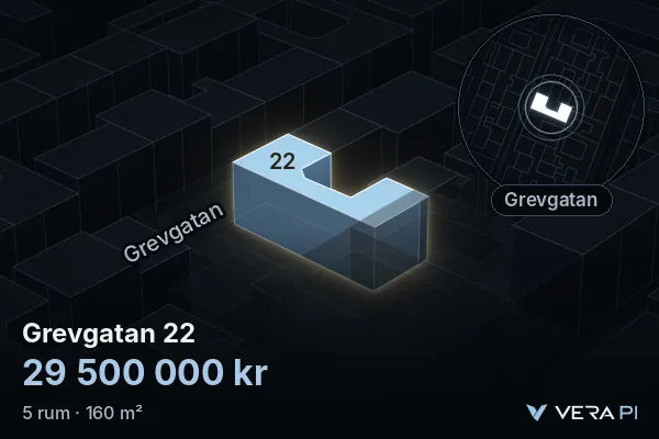 VERA PI:s bild av Grevgatan 22: huset i 3D, upplyst i blått, och kartan runt omkring