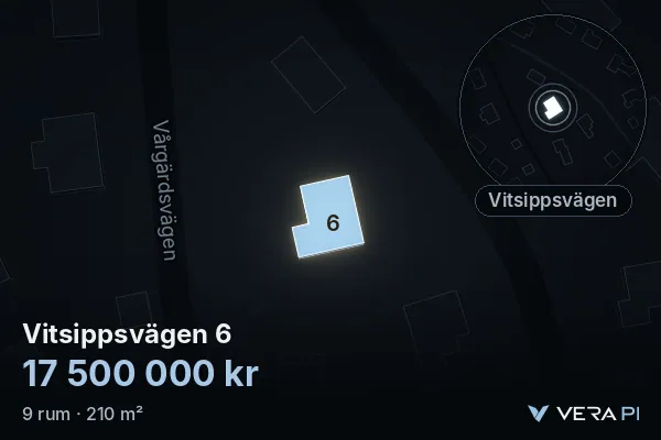 VERA PI:s bild av Vitsippsvägen 6: huset i 3D, upplyst i blått, och kartan runt omkring