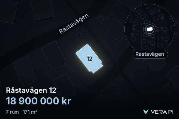VERA PI's image of Råstavägen 12: the building in 3D, lit in blue, and the map around it