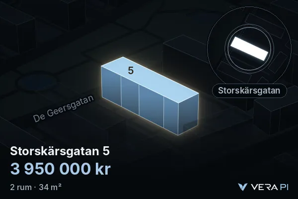 VERA PI:s bild av Storskärsgatan 5: huset i 3D, upplyst i blått, och kartan runt omkring