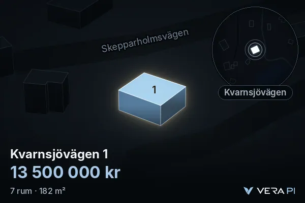 VERA PI:s bild av Kvarnsjövägen 1: huset i 3D, upplyst i blått, och kartan runt omkring