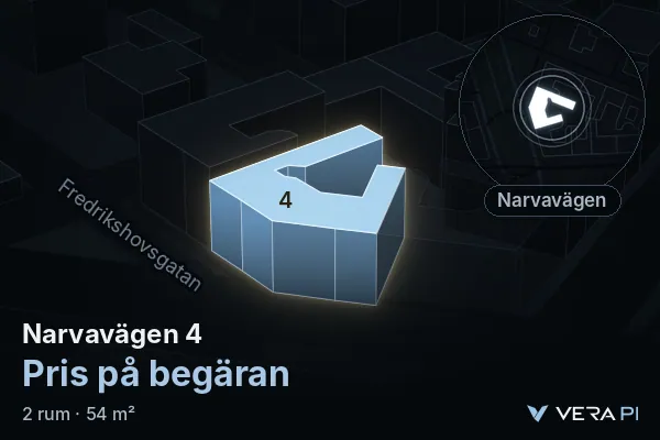 VERA PI:s bild av Narvavägen 4: huset i 3D, upplyst i blått, och kartan runt omkring