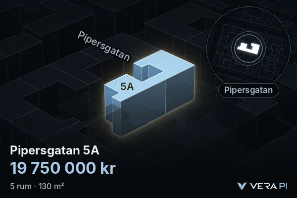 VERA PI:s bild av Pipersgatan 5A: huset i 3D, upplyst i blått, och kartan runt omkring