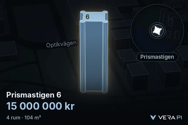 VERA PI:s bild av Prismastigen 6: huset i 3D, upplyst i blått, och kartan runt omkring