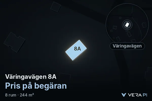 VERA PI's image of Väringavägen 8A: the building in 3D, lit in blue, and the map around it