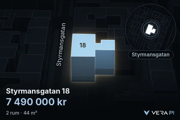 VERA PI's image of Styrmansgatan 18: the building in 3D, lit in blue, and the map around it