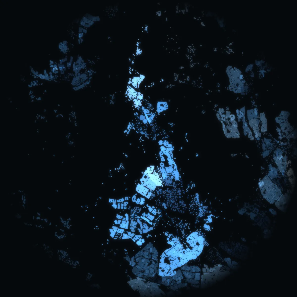 Järfälla at night – every building a point of light, coloured by its area’s mean net income