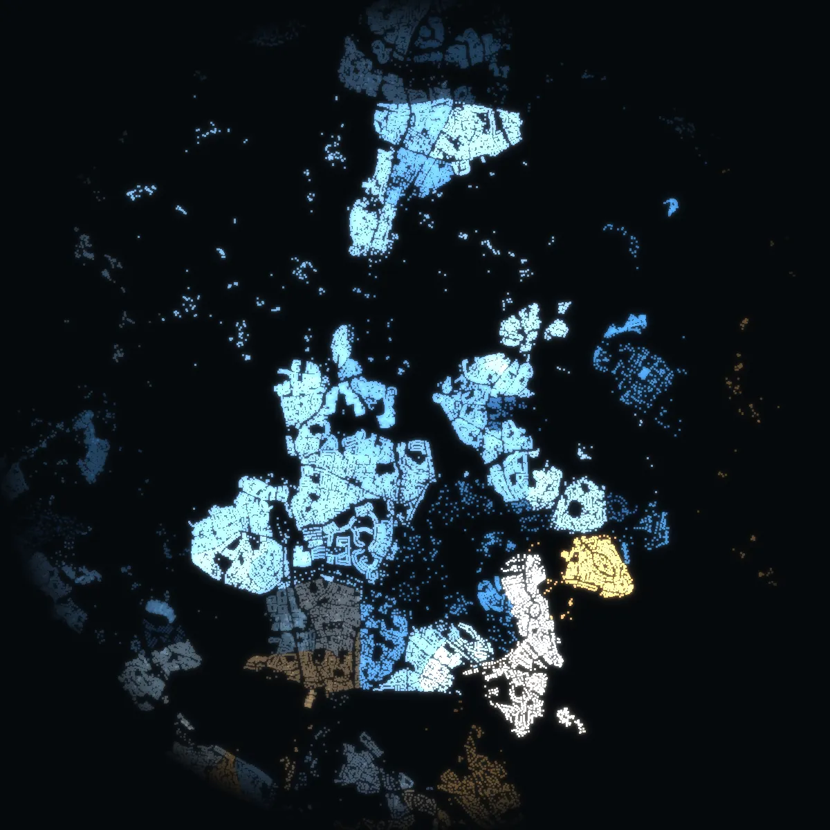 Täby at night – every building a point of light, coloured by its area’s mean net income