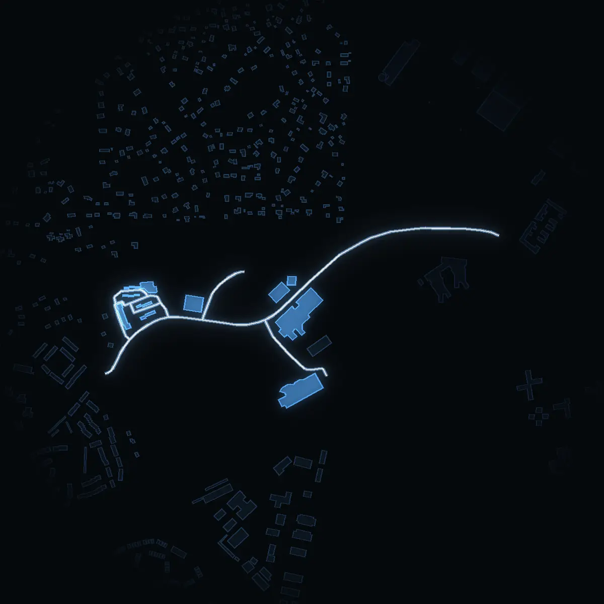 The street at night: Alfred Nobels Allé drawn in white, its buildings lit in the colour of their area’s income