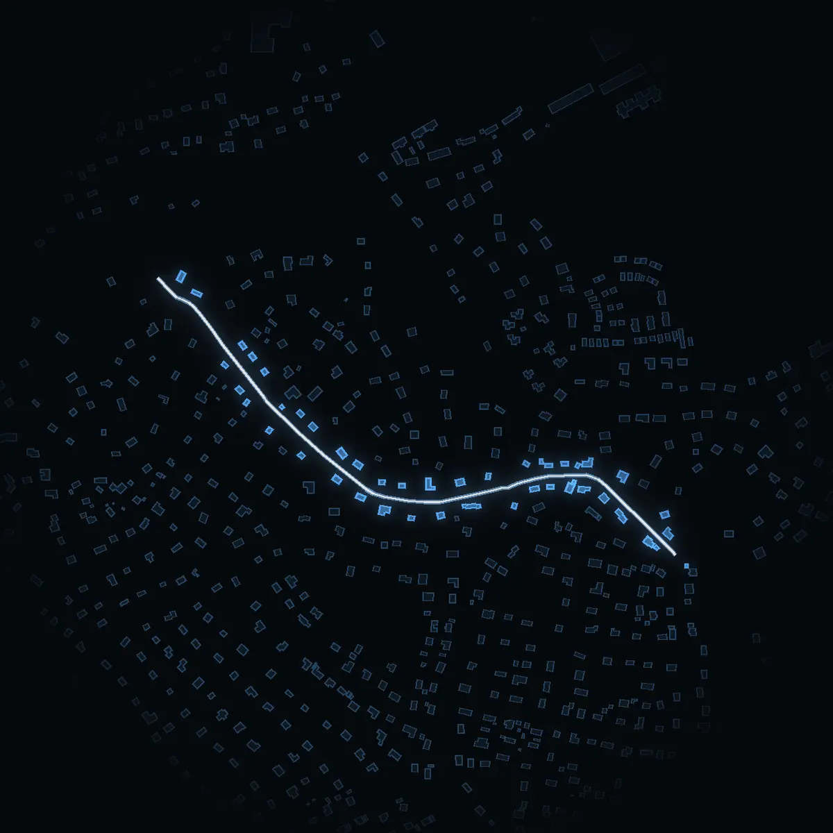 The street at night: Alice Tegnérs väg drawn in white, its buildings lit in the colour of their area’s income