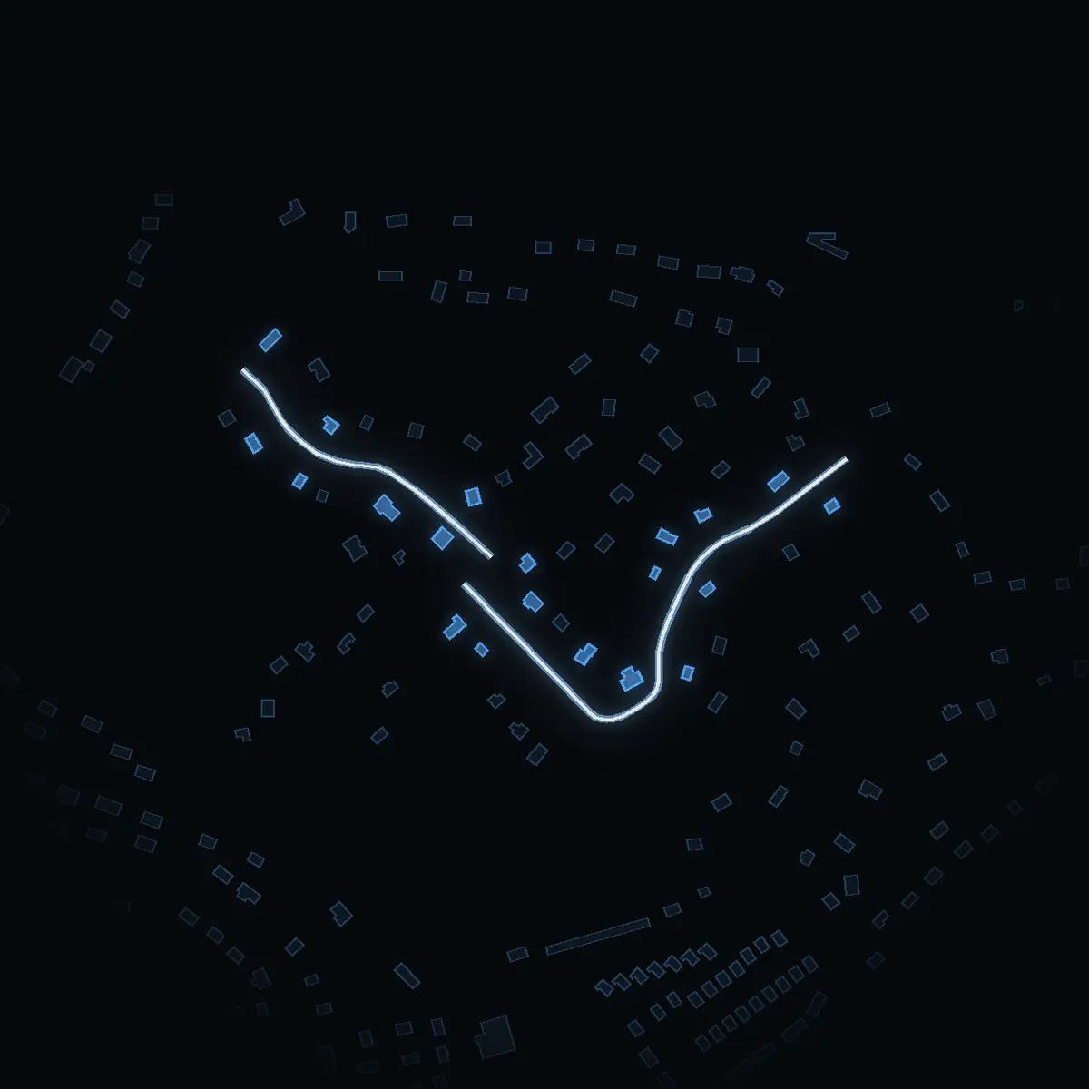 The street at night: Alpvägen drawn in white, its buildings lit in the colour of their area’s income