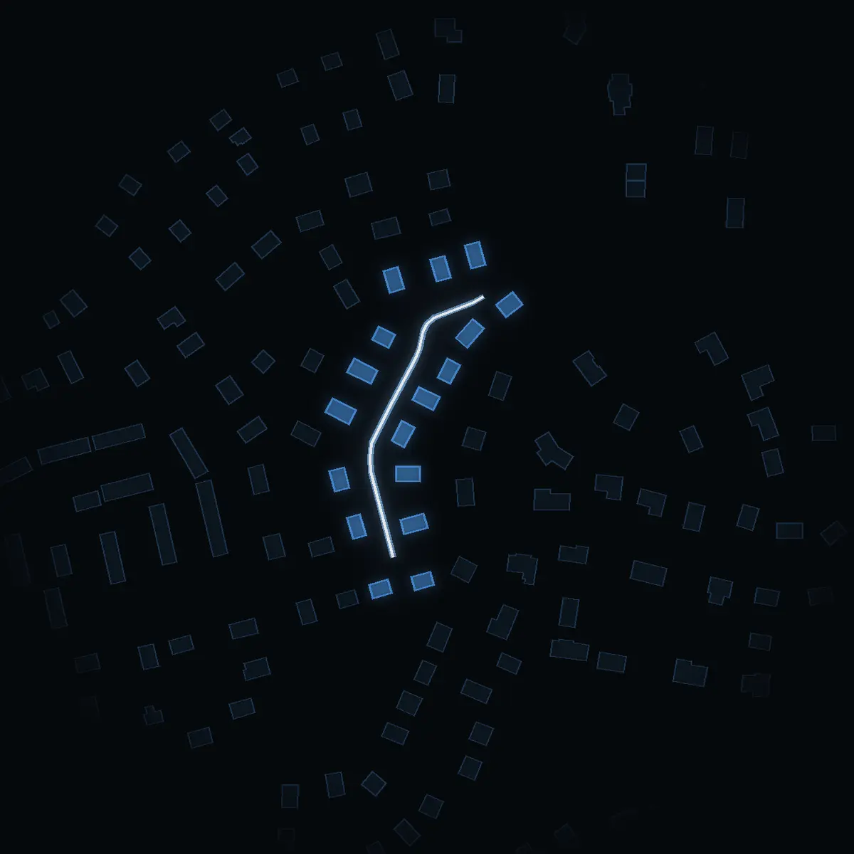 The street at night: Ängshjortsvägen drawn in white, its buildings lit in the colour of their area’s income