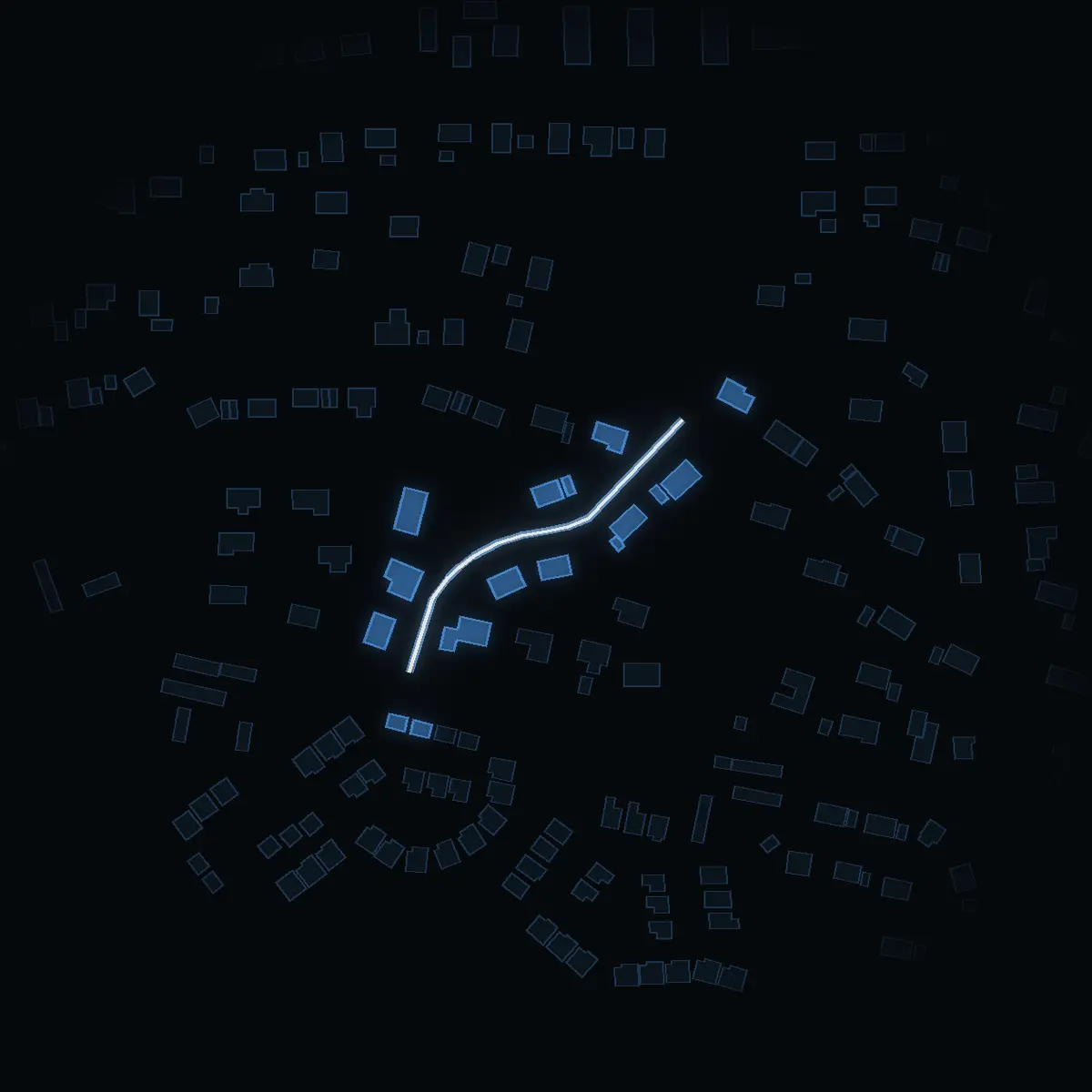 The street at night: Backvägen drawn in white, its buildings lit in the colour of their area’s income