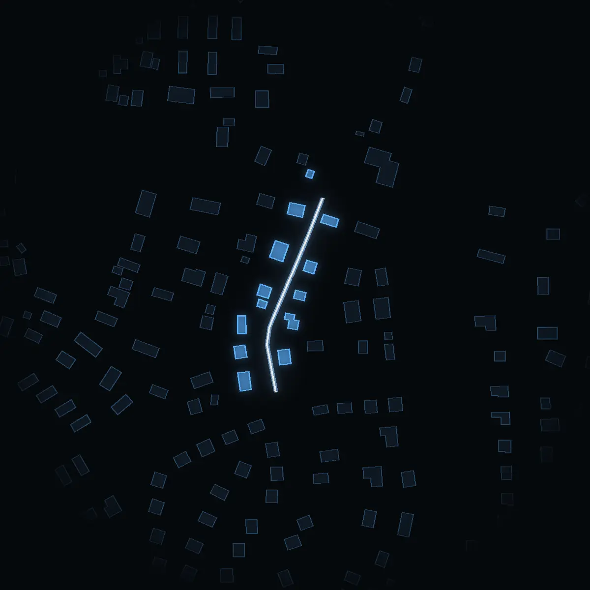 The street at night: Bahrmans väg drawn in white, its buildings lit in the colour of their area’s income