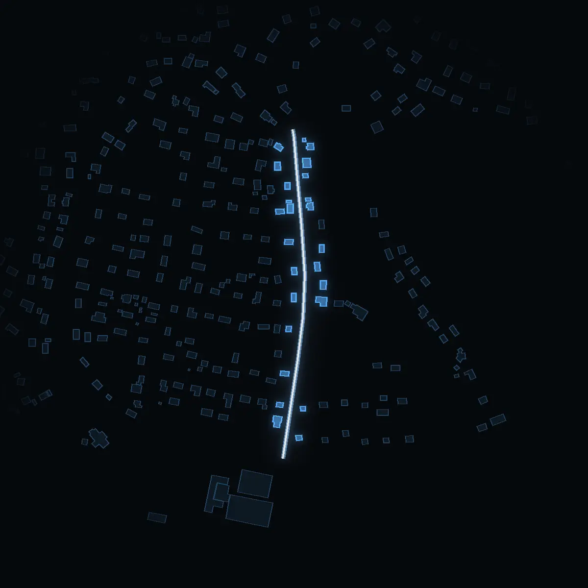 The street at night: Bergmovägen drawn in white, its buildings lit in the colour of their area’s income