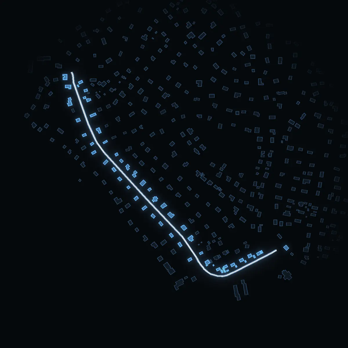 The street at night: Berteliusvägen drawn in white, its buildings lit in the colour of their area’s income