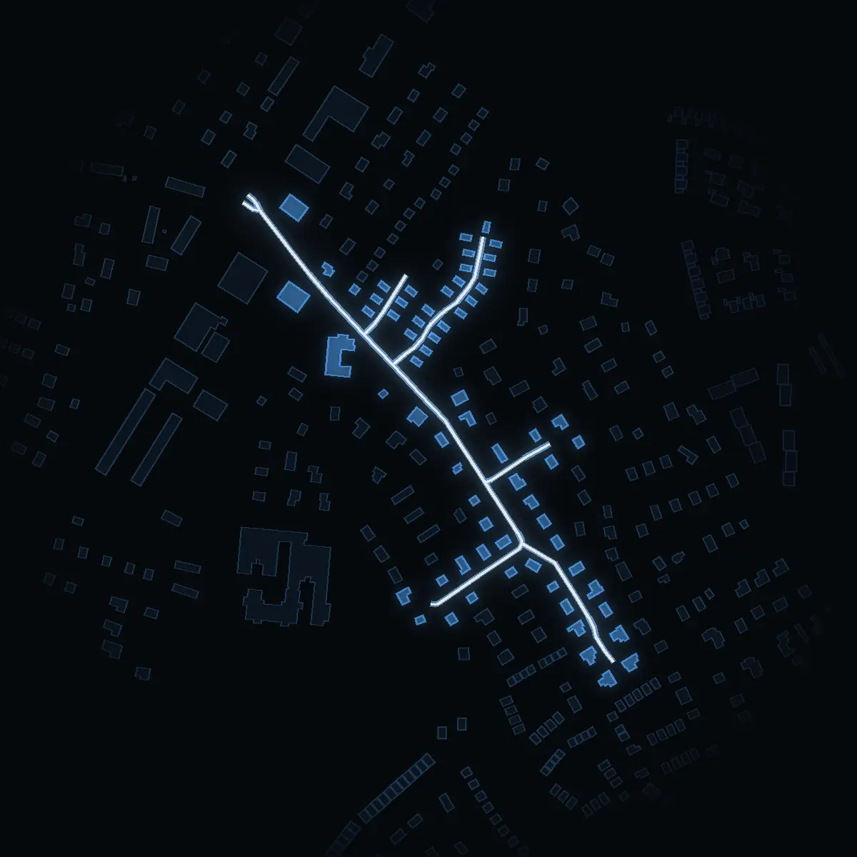 The street at night: Björkvägen drawn in white, its buildings lit in the colour of their area’s income