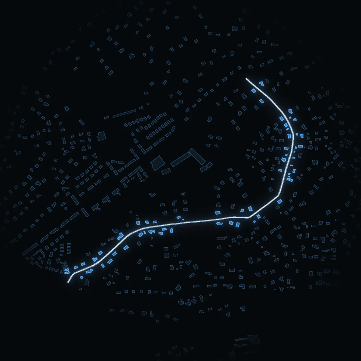 The street at night: Bokvägen drawn in white, its buildings lit in the colour of their area’s income