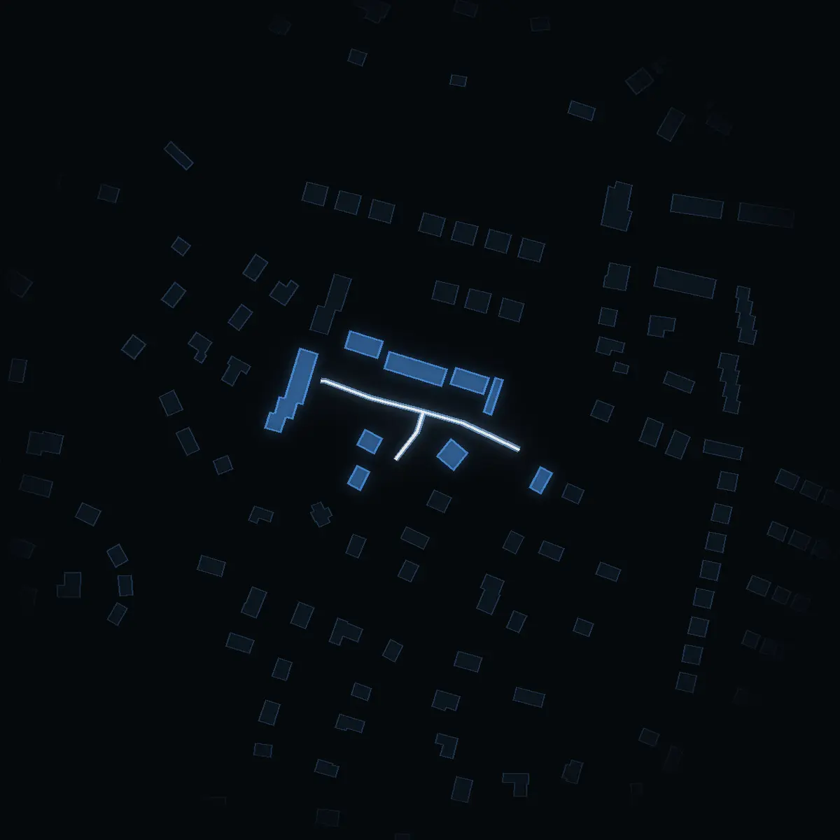 The street at night: Broängsbacken drawn in white, its buildings lit in the colour of their area’s income
