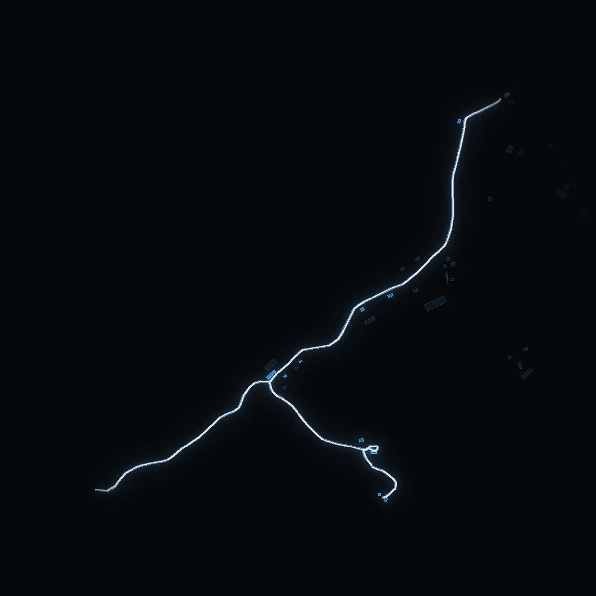 The street at night: Brötavägen drawn in white, its buildings lit in the colour of their area’s income