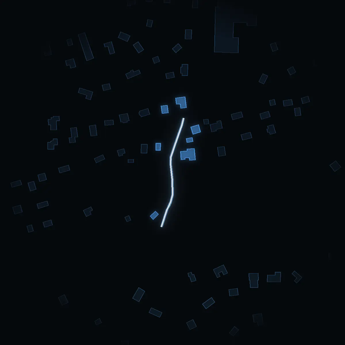 The street at night: Falks backe drawn in white, its buildings lit in the colour of their area’s income